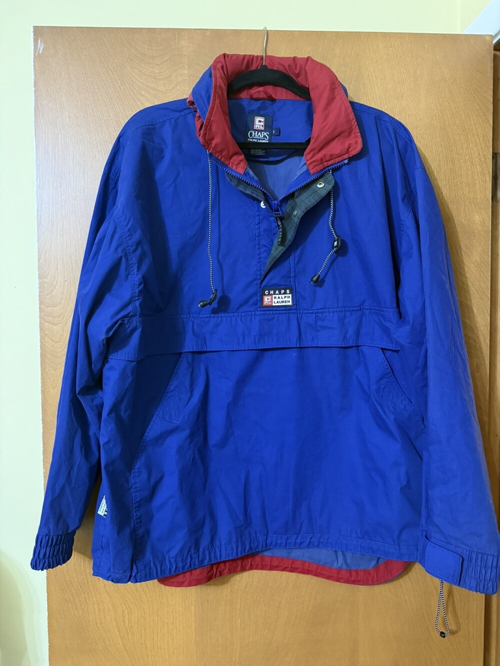 Vintage Chaps Ralph Lauren Windbreaker Pullover W/ Stowaway Hood. Navy. Size L